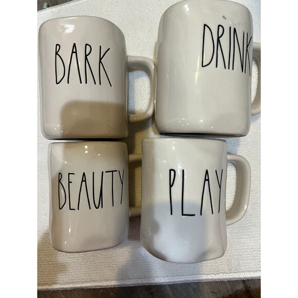 Rae Dunn Set of 4 Coffee Mugs Ceramic BARK DRINK BEAUTY PLAY - Picture 2 of 3